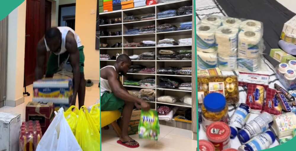 Video as man fills his house with plenty foodstuffs and new clothes