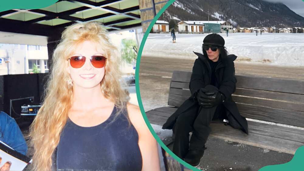 Emi Canyn wearing sunglasses (L). Mick Mars sitting on a bench (R)