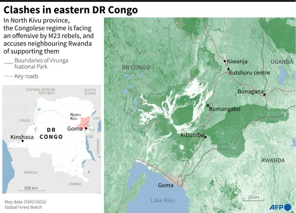 Map locating key area of conflict between the Congolese regime and rebel groups in the east of the country