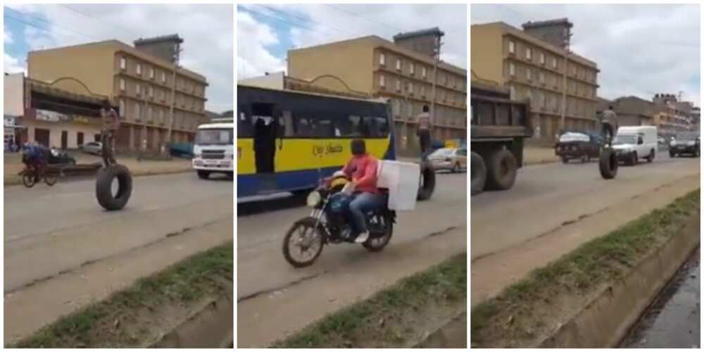Young Boy Walks on a Big Tyre on Main Road, Many People Fear He May Get Hit as Video Goes Viral