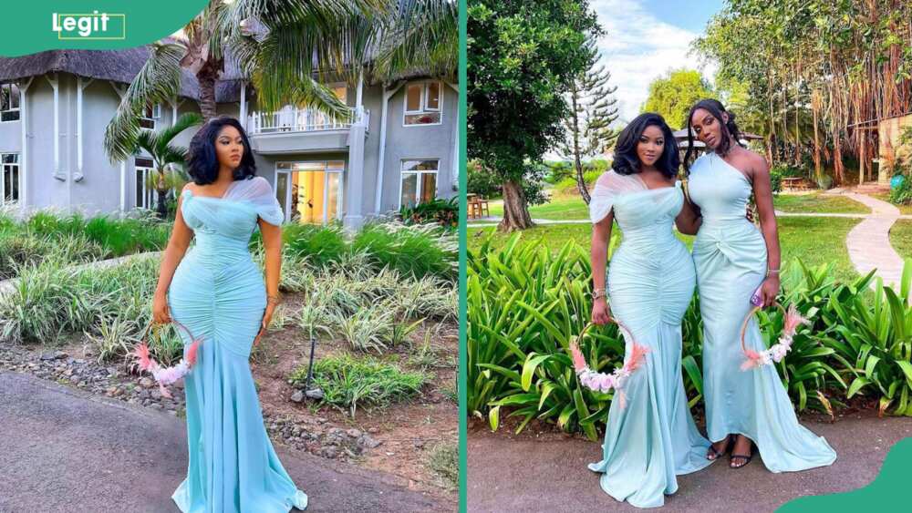 Two ladies in mint green train gown