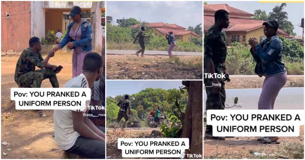 Soldier, lady pranks soldier, prank video
