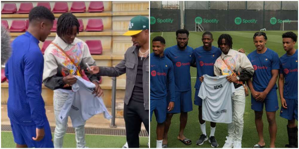 Rema teams up with Barcelona stars at training, Rema and t Barcelona football players