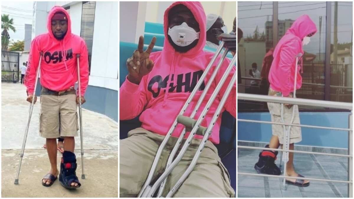 Nigerian singer Davido on crutches as he sustains leg injury (photos)