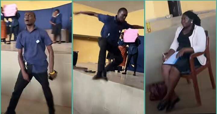 Moment a male student gave aggressive presentation in school, jumped from stage
