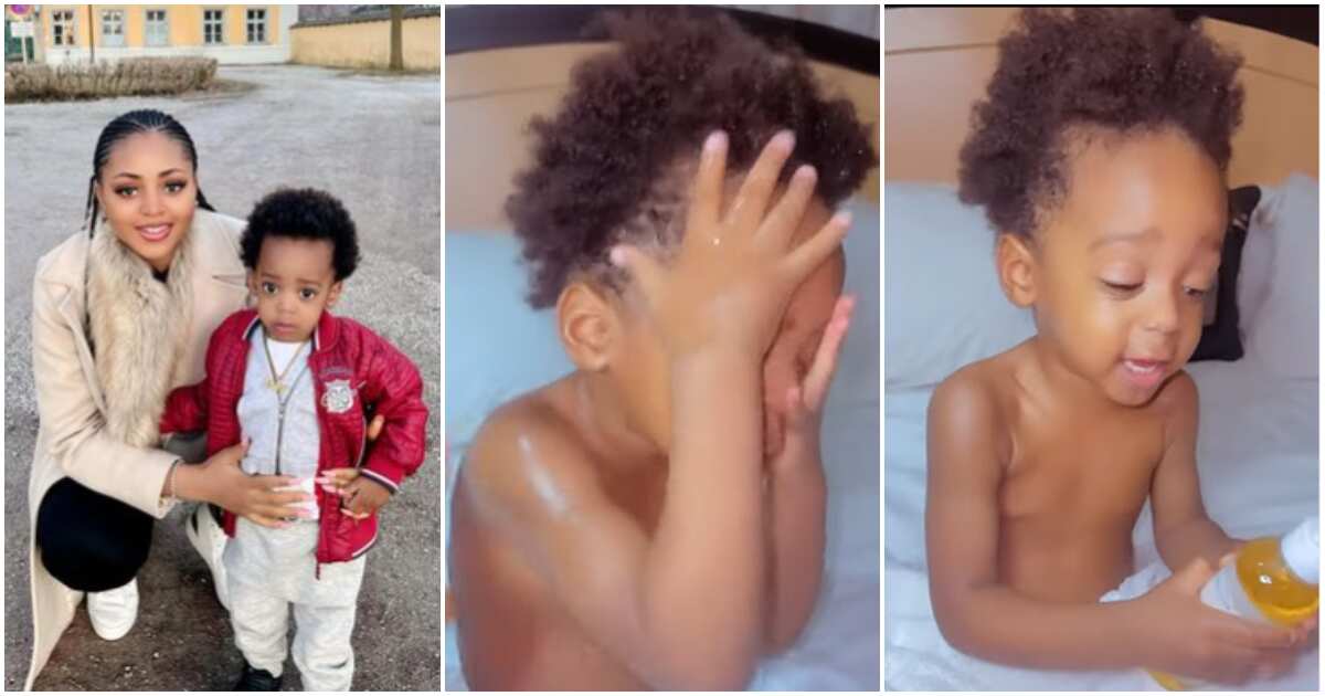 See cute video of Regina Daniels' son Munir pronouncing words as he covers himself in oil