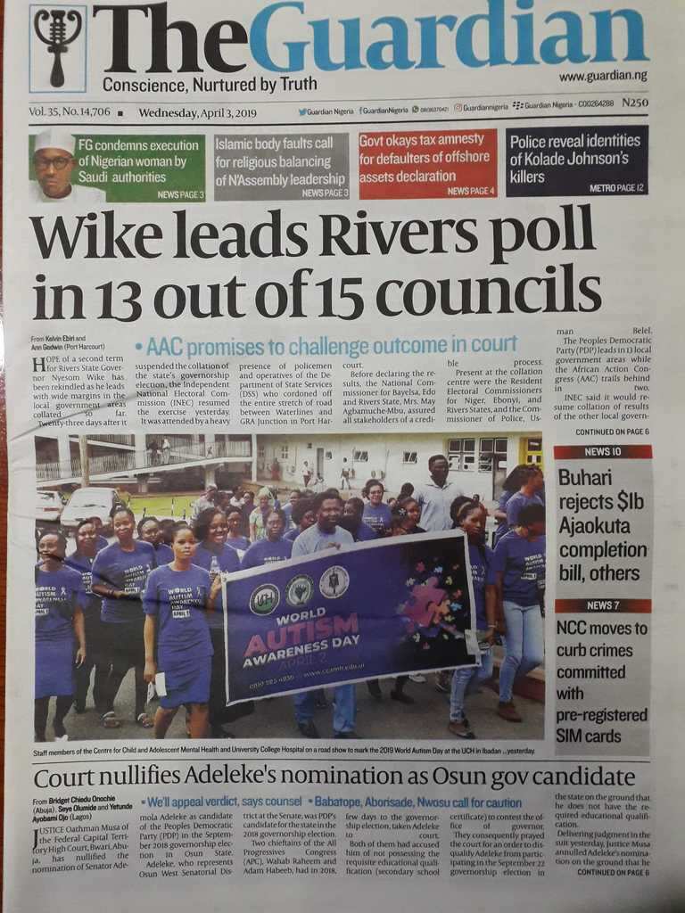 Nigerian newspaper The Guardian of Wednesday, April 3