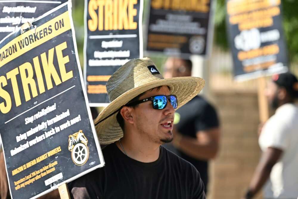 Delivery driver Michael Leib, 31, joins other drivers and dispatchers employed by third-party contractor Battle-Tested Strategies protesting outside the Amazon warehouse in Palmdale, California on July 25, 2023