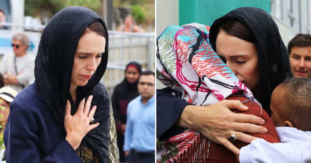 Jacinda Ardern wearing a hijab consoling families of the victims of the Christchurch shootings