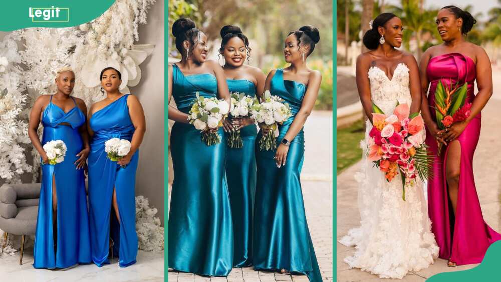 From (L-R) Bridesmaids in dark blue high-slit train gowns, dark green one-arm train gowns and a bride in white gown with a maid in dark pink off-shoulder high-slit gown.