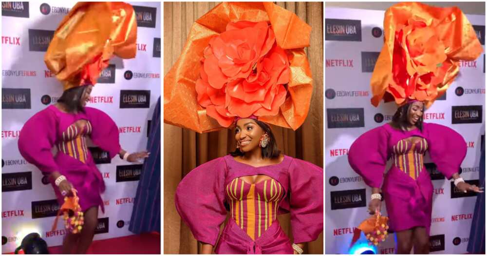 Actress Omowunmi Dada's huge gele at Eleshin Oba premiere.