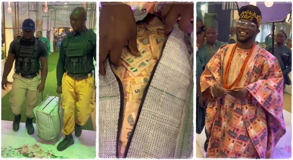 Photos of Chulo Ways who attended a wedding dragging a bag filled with N10 and N5 notes. Photos of Chulo Ways who attended a wedding dragging a bag filled with N10 and N5 notes.