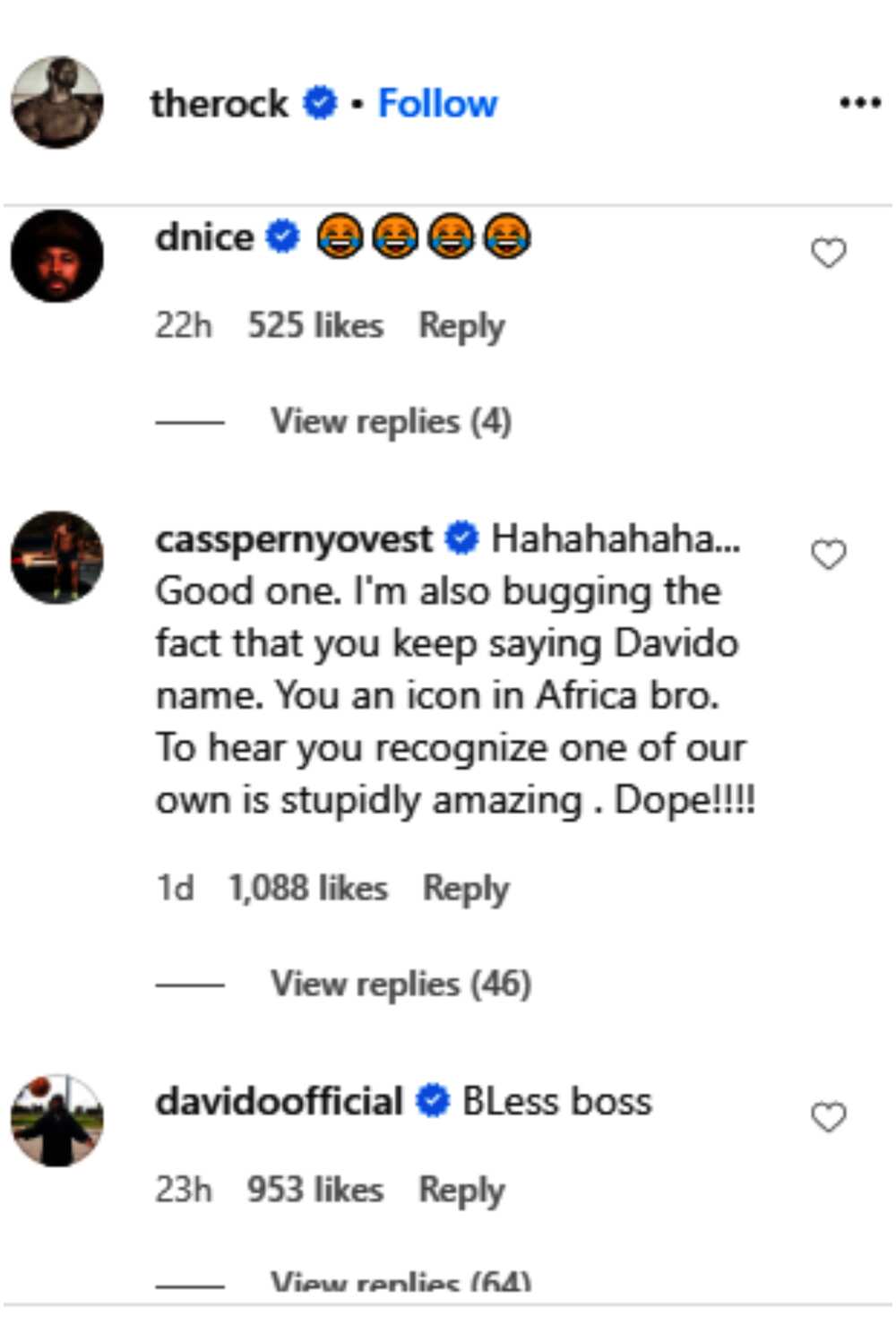 Hollywood Superstar Dwayne The Rock Johnson mentions Davido, singer reacts