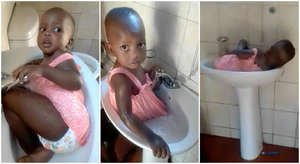 Photos of a baby in a sink.