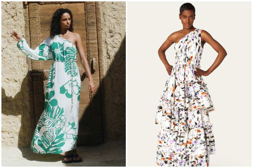 Two women showcasing different floral prints of gowns