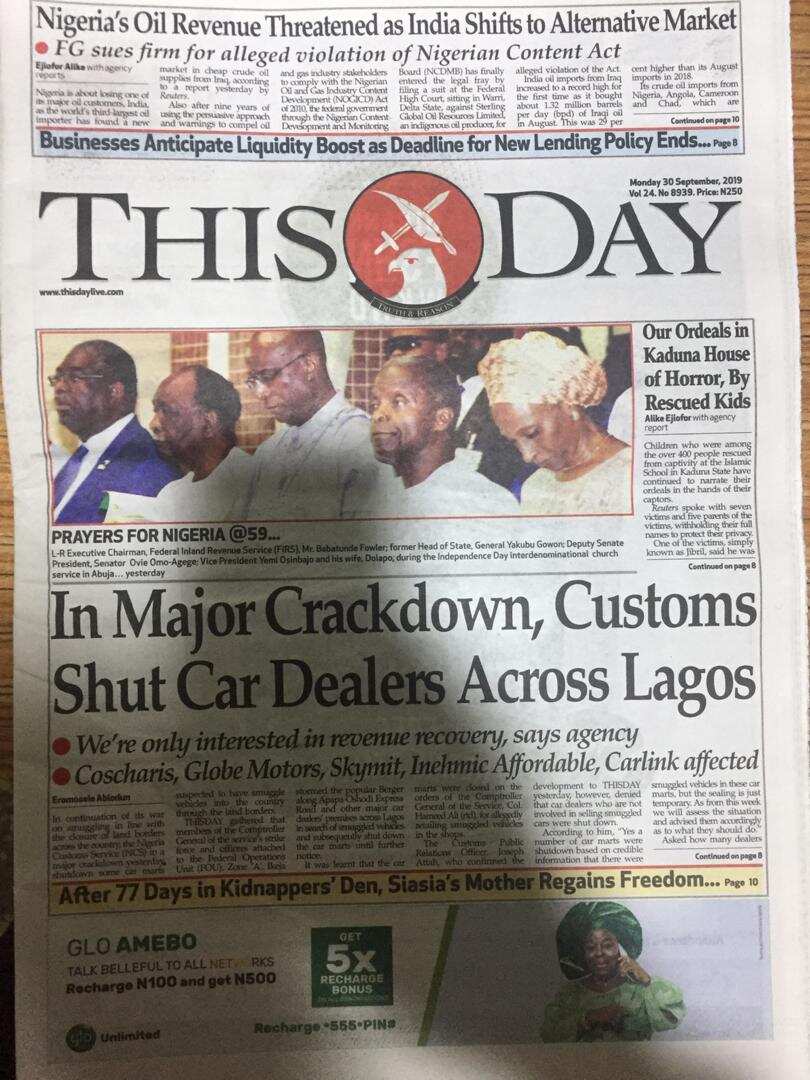 Newspapers review for Monday 30: It's time to end insurgency - Gowon tells military