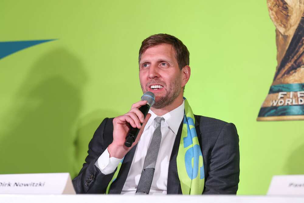 Dirk Nowitzki speaks during a FIFA World Cup 2026 Match Schedule Announcement astatine  AT&T Stadium connected  4 February 2024 successful  Arlington, Texas.