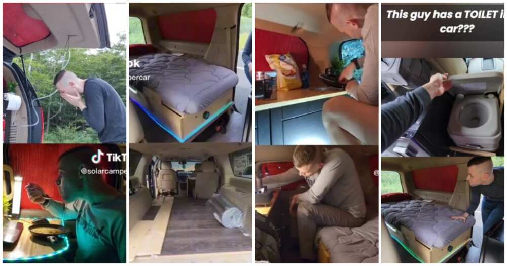 Young man who lives in a car, car house, bedroom, toilet