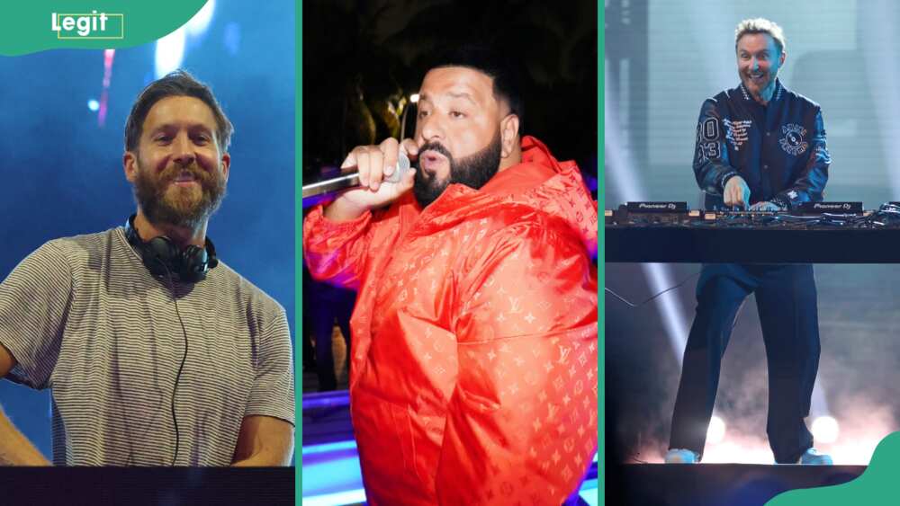 From (L-R) Calvin Harris, DJ Khaled and David Guetta performing on stage