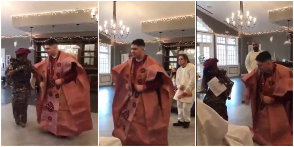 White man in native wear 'shakes body' to Yoruba song in viral video, Nigerians say his dance moves are funny