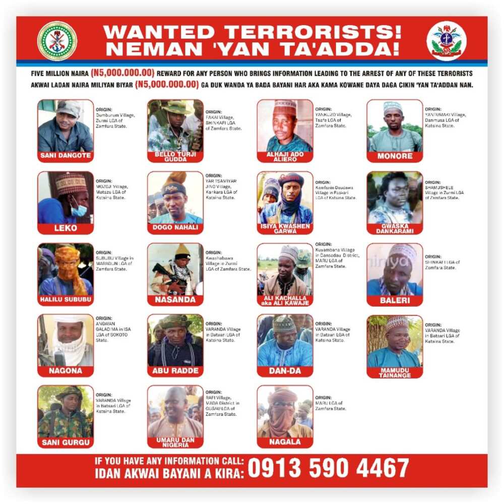 Nigerian military, terrorists, bounty, wanted terrorists, bandits, Zamfara, Kaduna