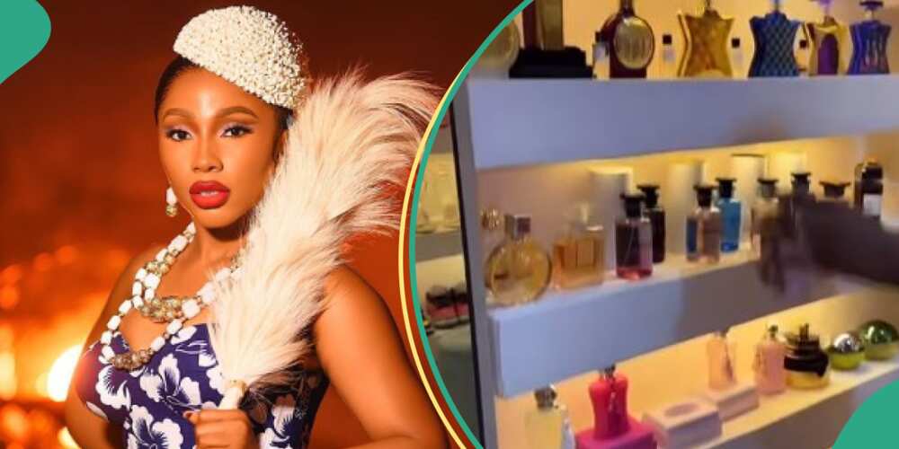 BBN Mercy Eke shows off expensive perfumes.