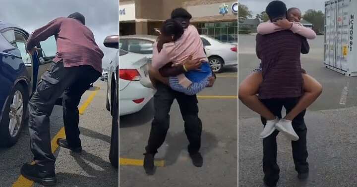 Girl jumps on dad who paid her a surprise visit