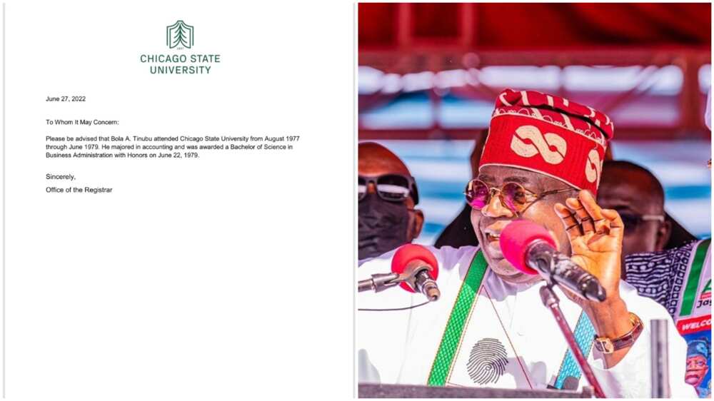Chicago State University letter/Tinubu/APC Presidential Candidate/Certificate