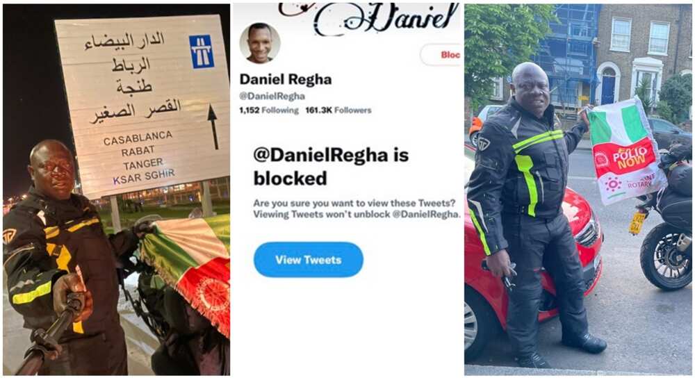 London to Lagos biker, Kunle Adeyanju has blocked Daniel Regha for saying he looked stressed.