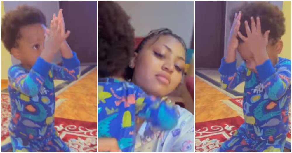 Regina Daniels' son begs for forgiveness in adorable video.