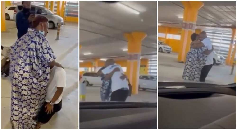 Nigerian man hugs his mum at the airport after she flew abroad to meet him in touching video.