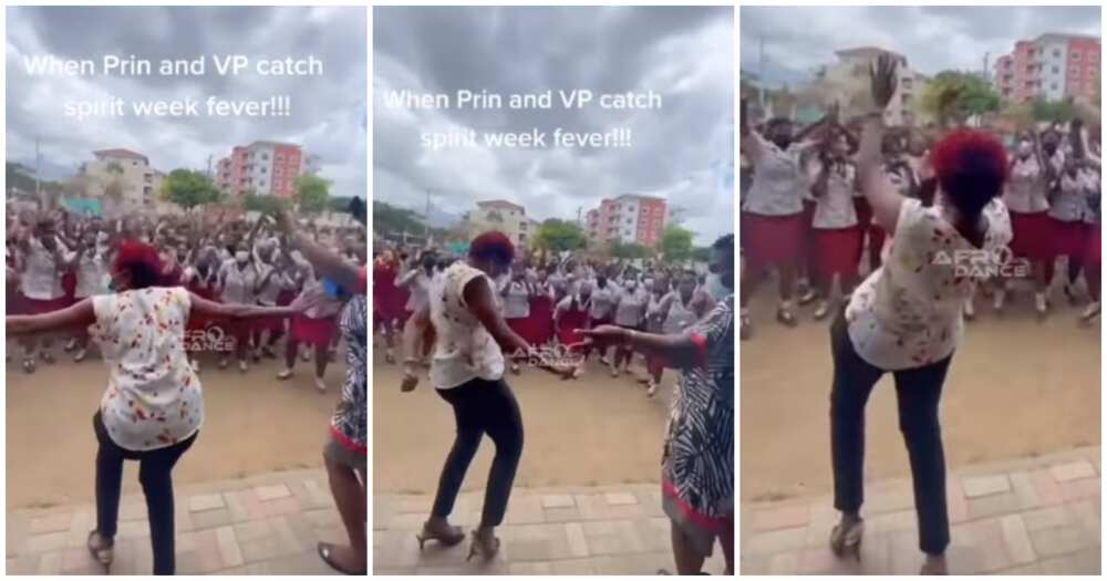 Female teacher in heels, weird dance, students scream, assembly ground