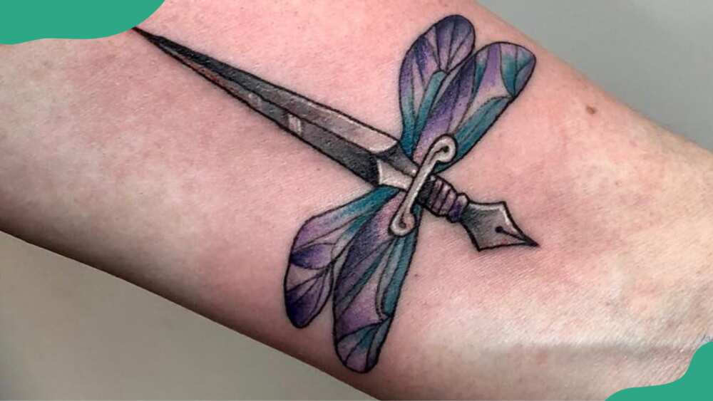 Sword and dragonfly tattoos