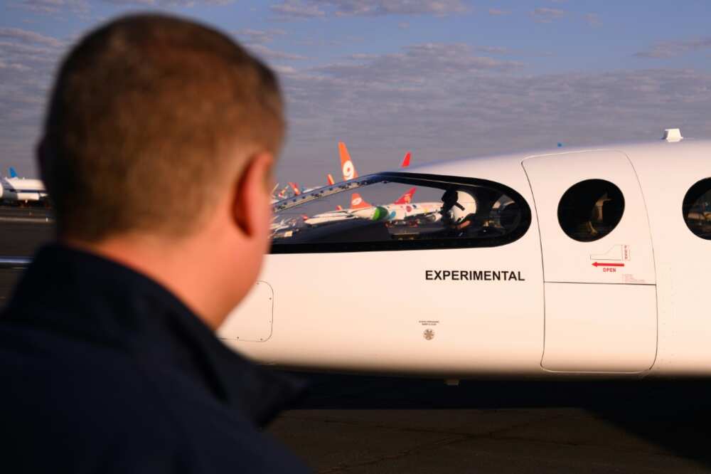 Eviation CEO Gregory Davis observing the all-electric 'Alice' aircraft after its test flight on September 27, 2022