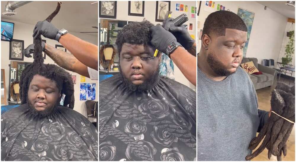 Photos of a man cutting his dreadlocks in a saloon.