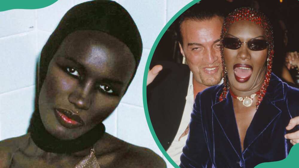 Singer Grace Jones posing for a picture (L). Grace Jones and her ex-husband, Atila Altaunbay, at an event (R)