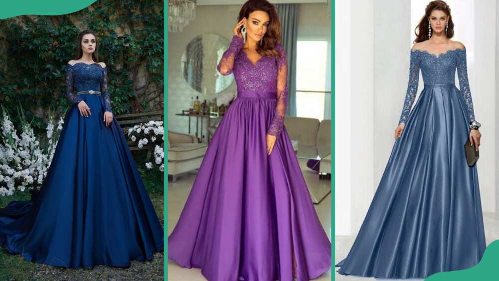 Navy blue long sleeves gown (L), purple long sleeves ball gown (C), and teal blue long sleeves ball gown (R)