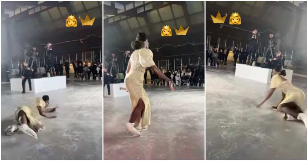 Lady in long dress, fell awkwardly, dancing at event