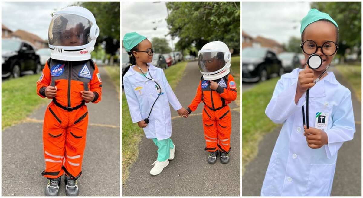 Kid and her sister dresses up as scientists for their school science day