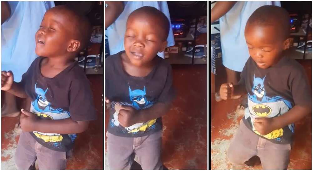 Photos of a little boy dancing powerfully with his eyes closed.