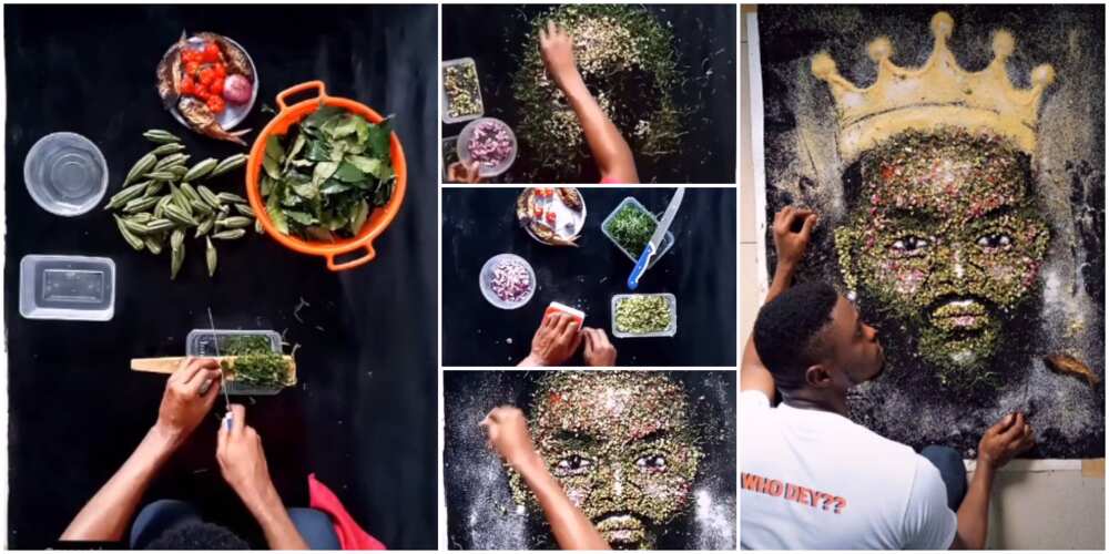 Artist makes Whitemoney's photo with food items.