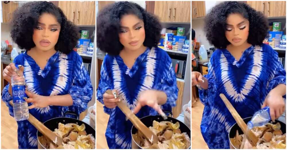 Bobrisky brags about using table water to cook.