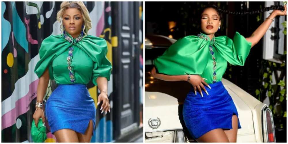 Photos of Toke Makinwa and Tacha spotted in same outfits