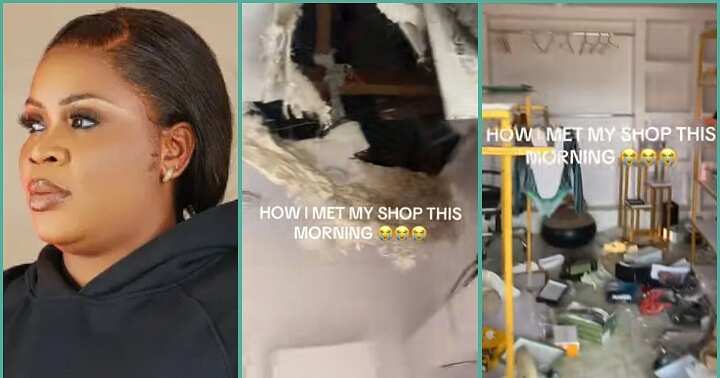 Lady cries out as thieves create big hole in her ceiling, burgle her shop