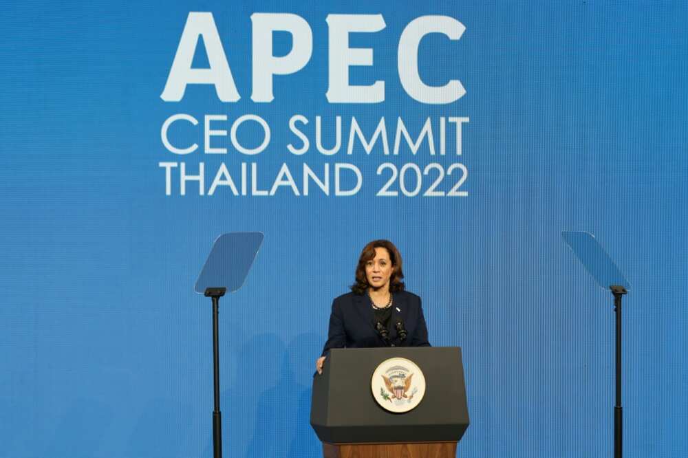 US Vice President Kamala Harris addresses the APEC CEO Summit during the Asia-Pacific Economic Cooperation (APEC) summit in Bangkok