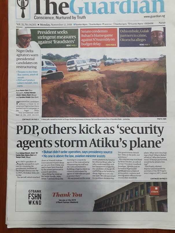 The Guardian newspaper for Monday, November 12, 2018, Photo credit: snapshot from Legit.ng