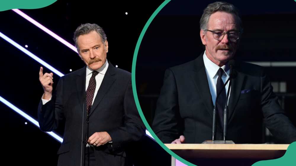 Bryan Cranston speaking onstage (L). Bryan Cranston during the Education Through Music Los Angeles 18th Annual Benefit Gala (R)