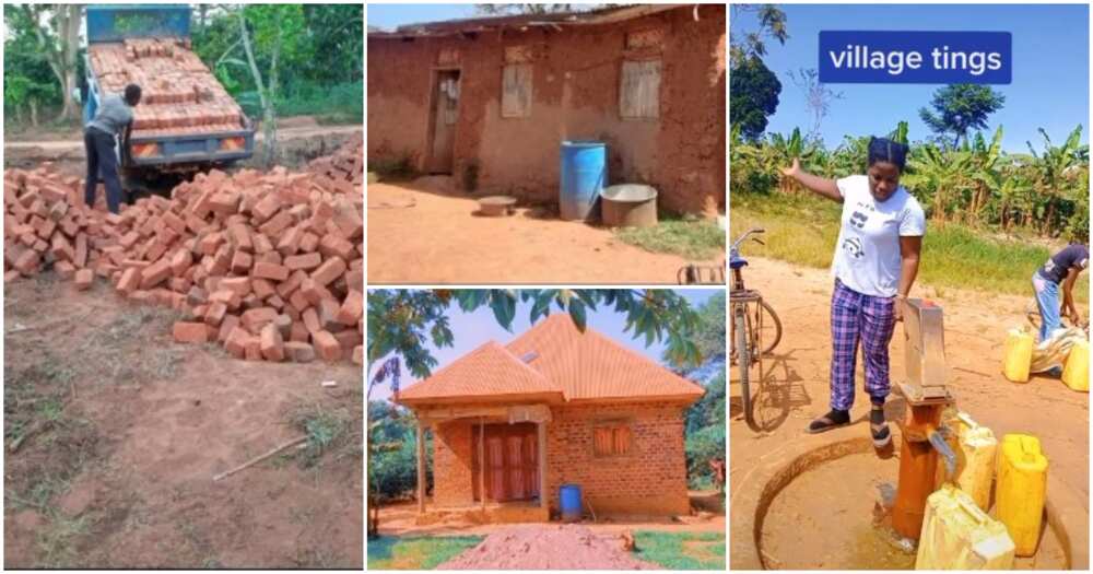 Mud house, nice house, lady demolishes mum's mud house, lady builds fine house for mum