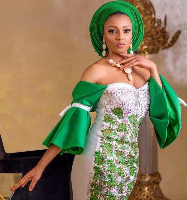 Bella Naija fashion dress with embroidery and sequins