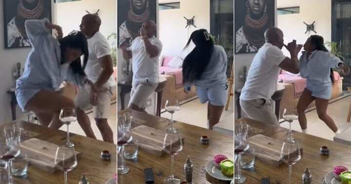 Lady dances with her father, Amapiano beat
